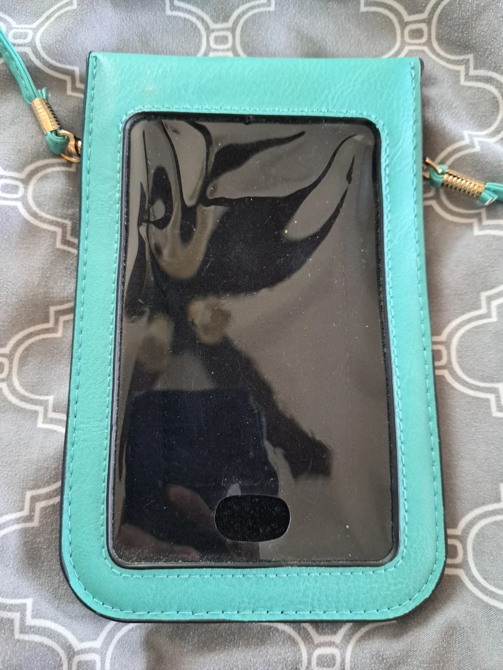 Womens Teal Crossbody Phone Bag with Laser-Cut Detail